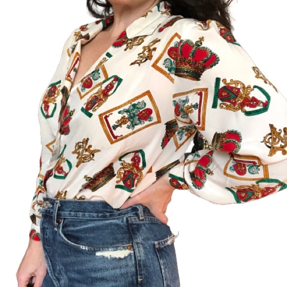 Vintage 80s Medieval Royal Regal Core Crown Monarchy Latin Novelty Blouse L/XL - Picture 13 of 17